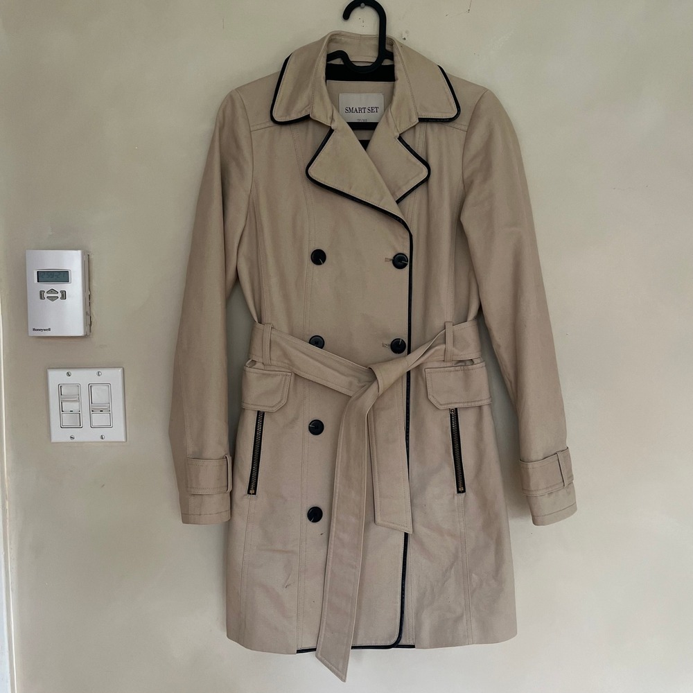 SMART SET Double Breasted Trench Coat Beige Black Trim Belted Button Up Women XS - Picture 4 of 12